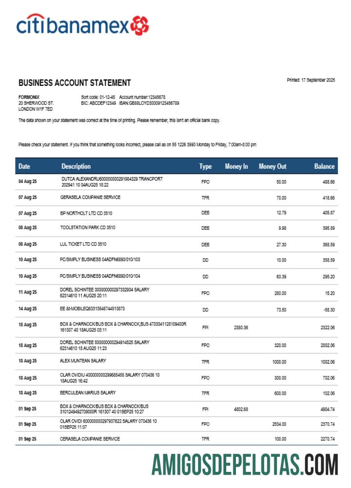 Citibanamex Bank Business Firm Account Extrato bancário em formato Word e PDF (1) modelo